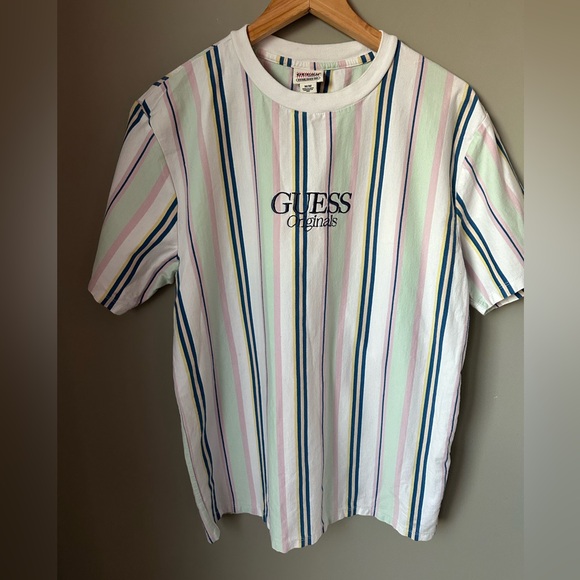 Guess Men's Striped Tee - Pink, Blue, Green Size Medium Vintage Style - Picture 2 of 4